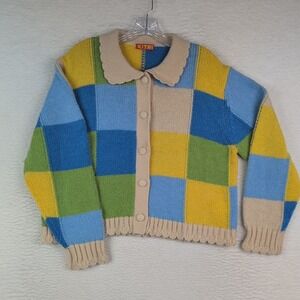 Kitri Cardigan Sweater Patchwork Multicolor Wool Blend Scalloped Women's Medium